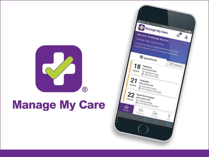 Manage My Care logo and app displayed on an phone