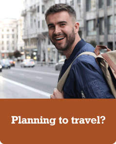 Photo of a young traveller Text: Planning to travel? Protect yourself against measles first