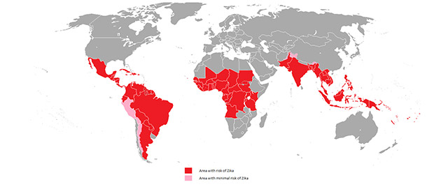 World map highlighting countries at higher risk of Zika virus coloured in red